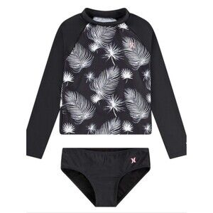 NWT Hurley Black White Palm Print Long Sleeve Rashguard Set Two Piece - Size 12